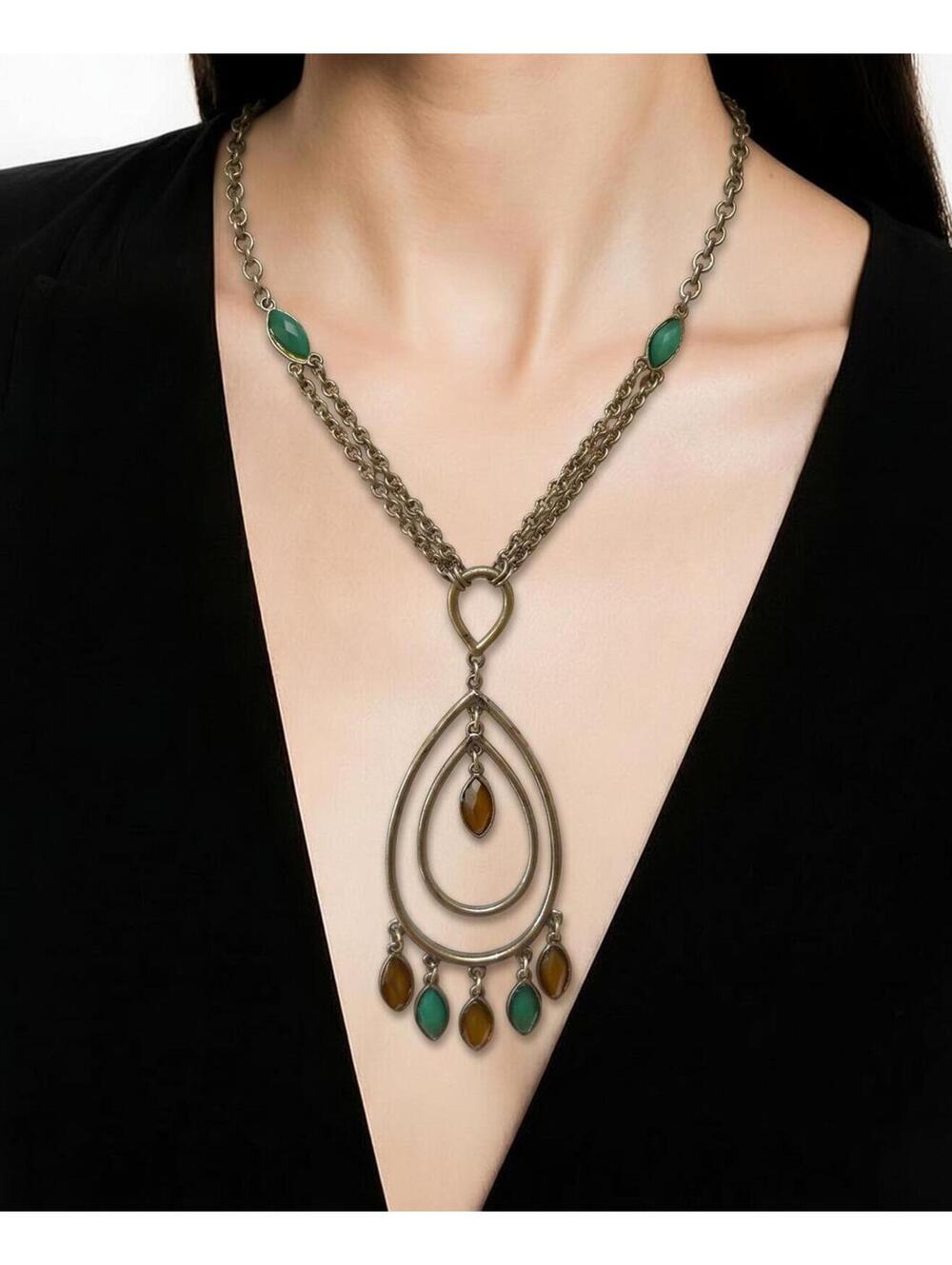 AntiqueStyle BronzeTone Pendant Necklace with Teardrop Design Brown,Green Stones